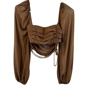 Princess Polly Long Sleeve Crop Top Sheer Mesh Layered Pleated Brown 2